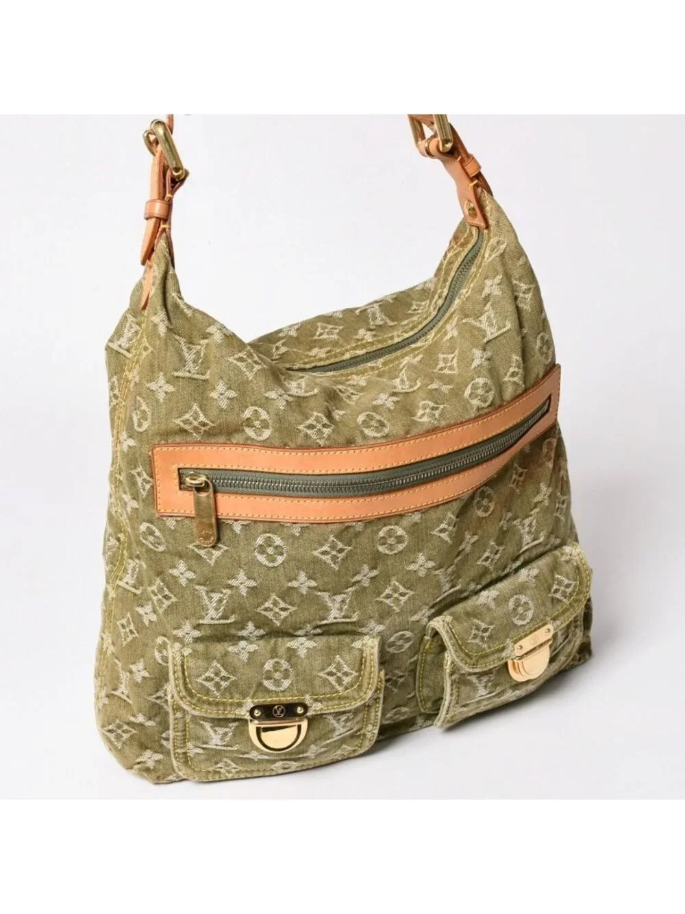 Louis Vuitton Monogram Denim Baggy GM Green White Gold Vachetta Leather